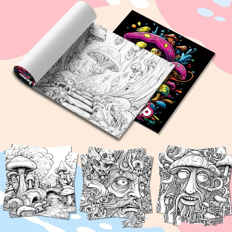Acid tour coloured A5 painting book open on a table with drawing tools.