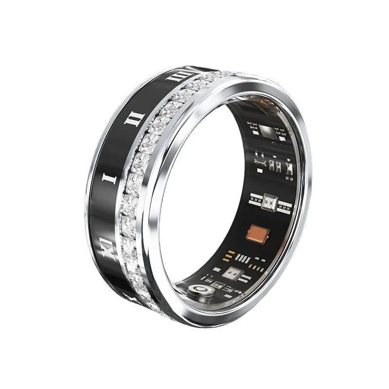 Diamond-inlaid smart ring in silver and gold colours on finger, showing health monitoring display.