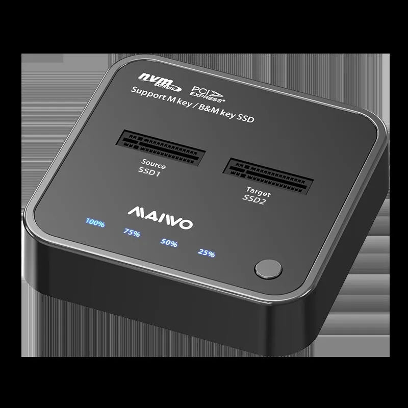 MAIWO K3016 M.2 SSD cloning dock with data cables and power adapter on a desk.