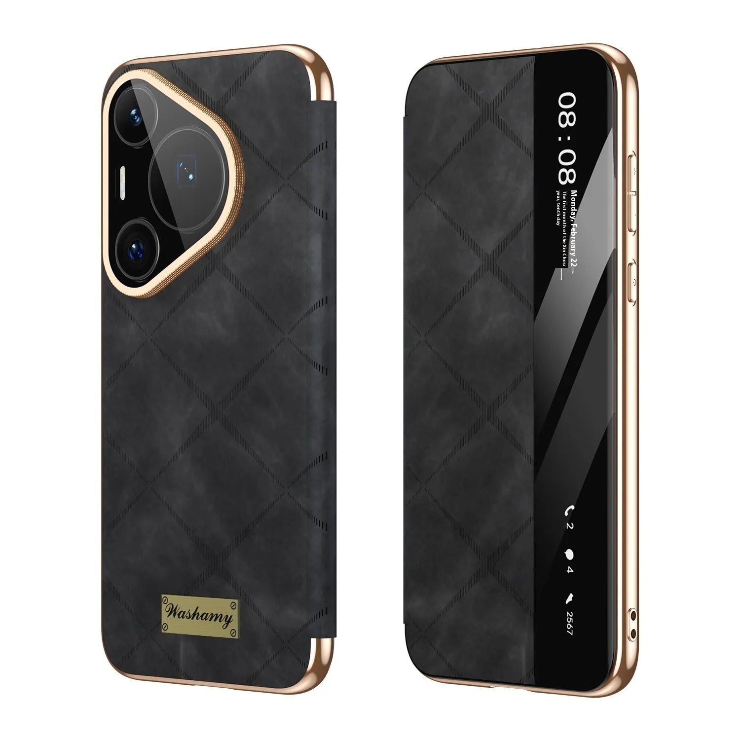 Huawei electroplated diamond grid anti-fingerprint phone case in imitation leather, shown in Elegant Black.