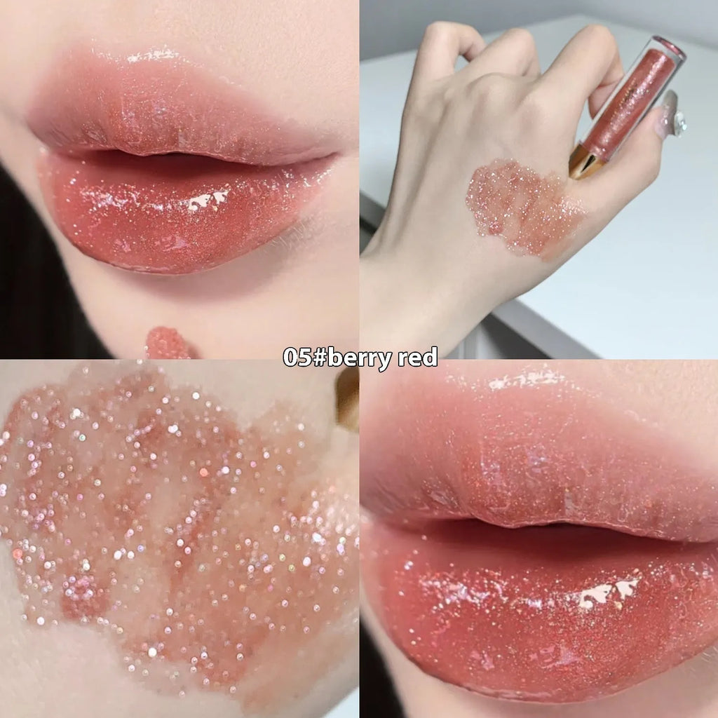 Shanuo Flash Lip Gloss tube showing five colour shades: cherry blossom pink, gold flash, peach, purple, and berry red.