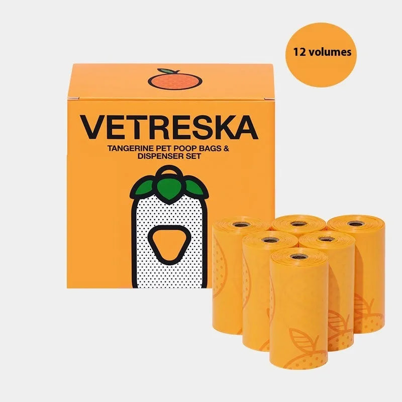 Dog waste dispenser capsule with roll of scented biodegradable bags in choice of strawberry, orange or cherry blossom