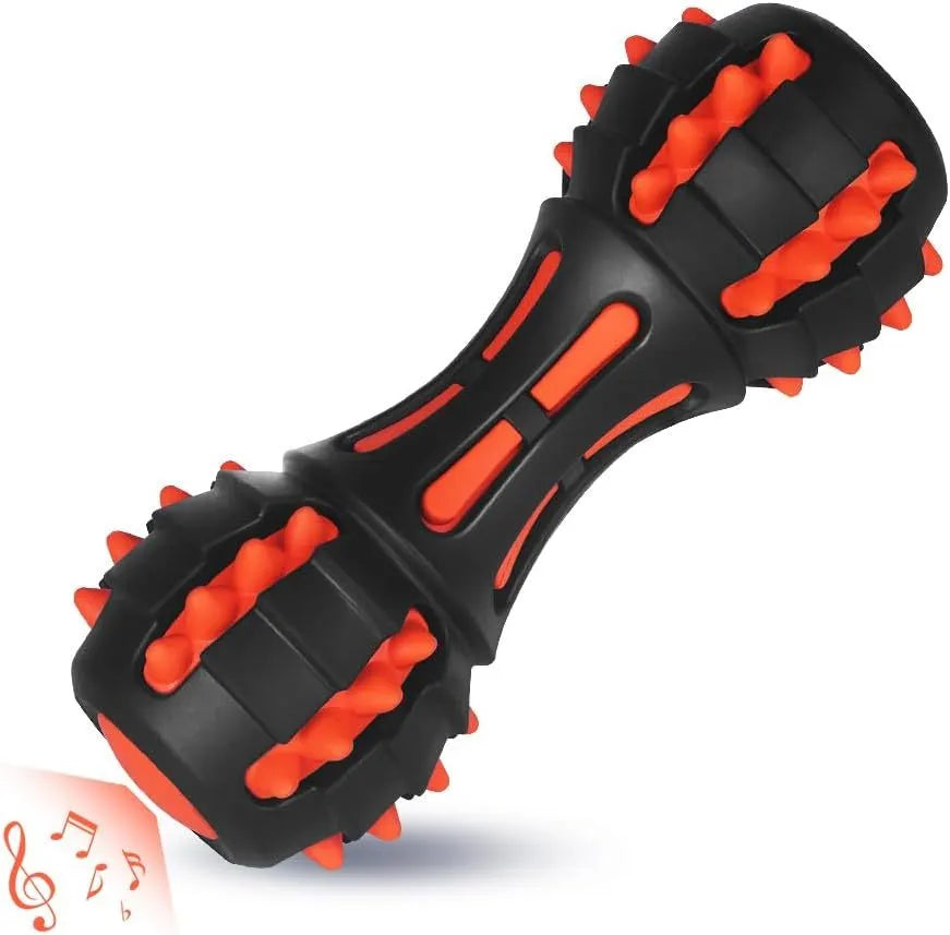Red dumbbell-shaped dog chew toy with textured surface for medium and large breed dogs