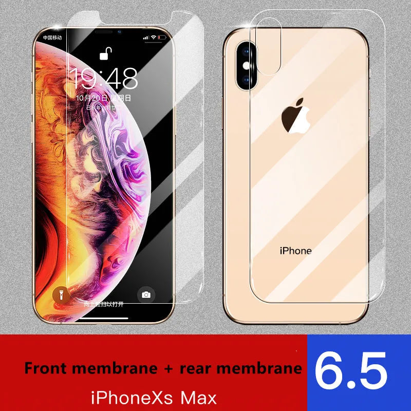 iPhone 11 Pro Max tempered glass screen protector with rear film showing 10D explosion-proof edges.