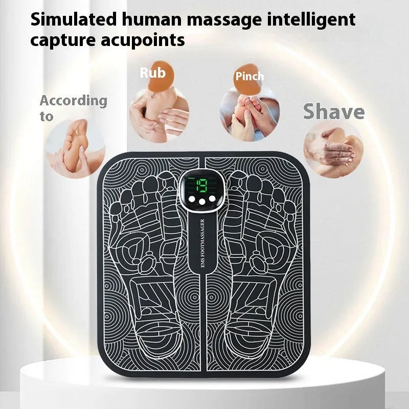USB rechargeable reflexology foot massager mat with push-button controls and orange or blue foot pad options