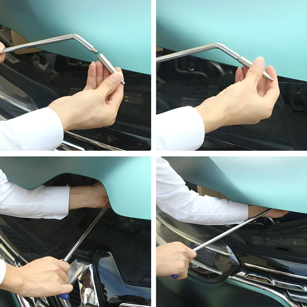 Alloy steel three-piece car dent repair tool set with hook crowbar on a workbench.