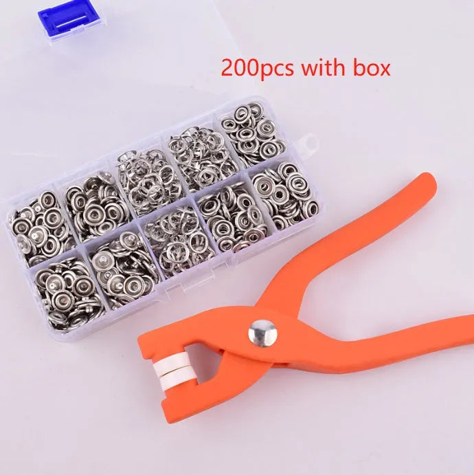 Five claw no sew button kit with stainless steel 9.5mm buttons and application pliers