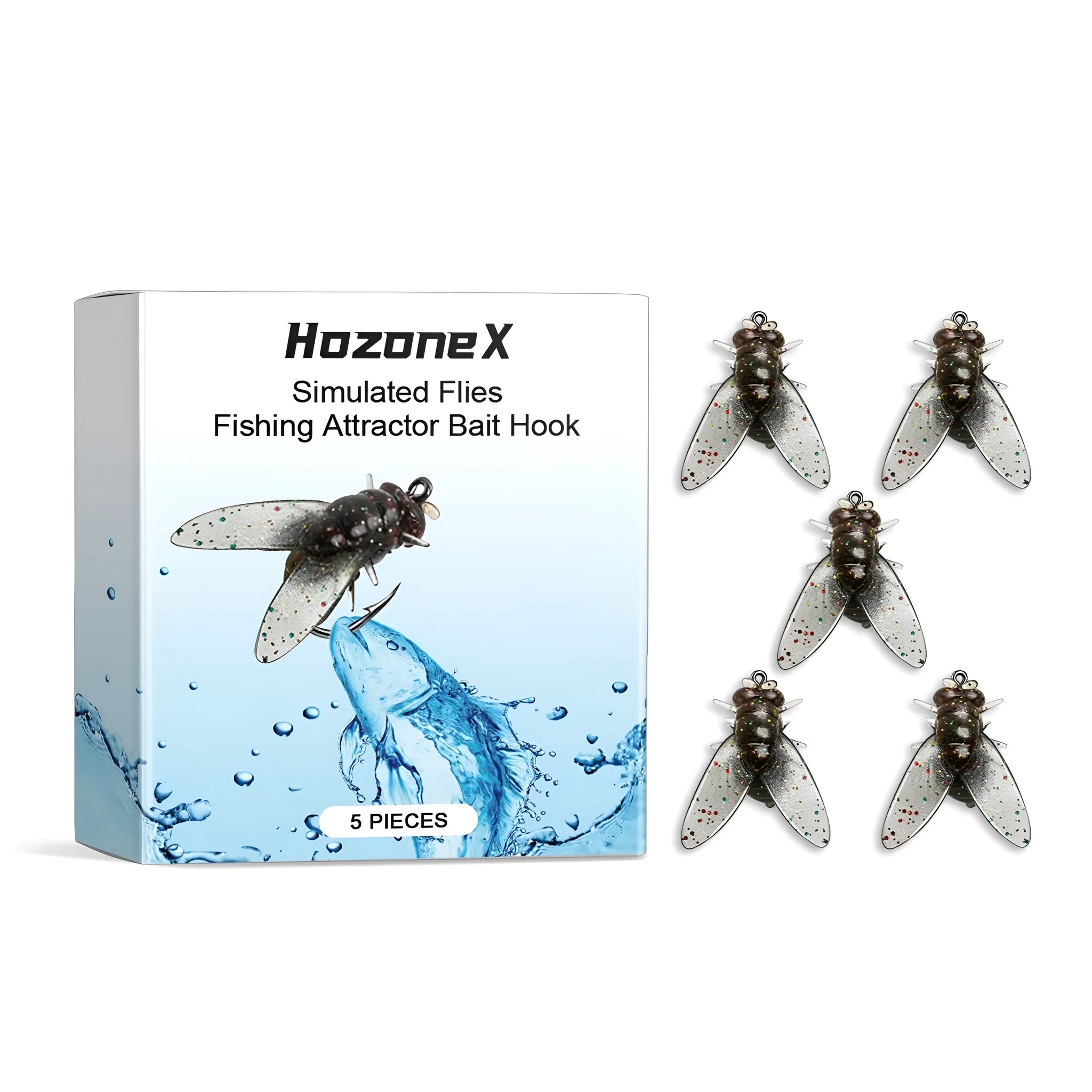 Five small, square, biomimetic insect soft bait lures for fly fishing on a white background.