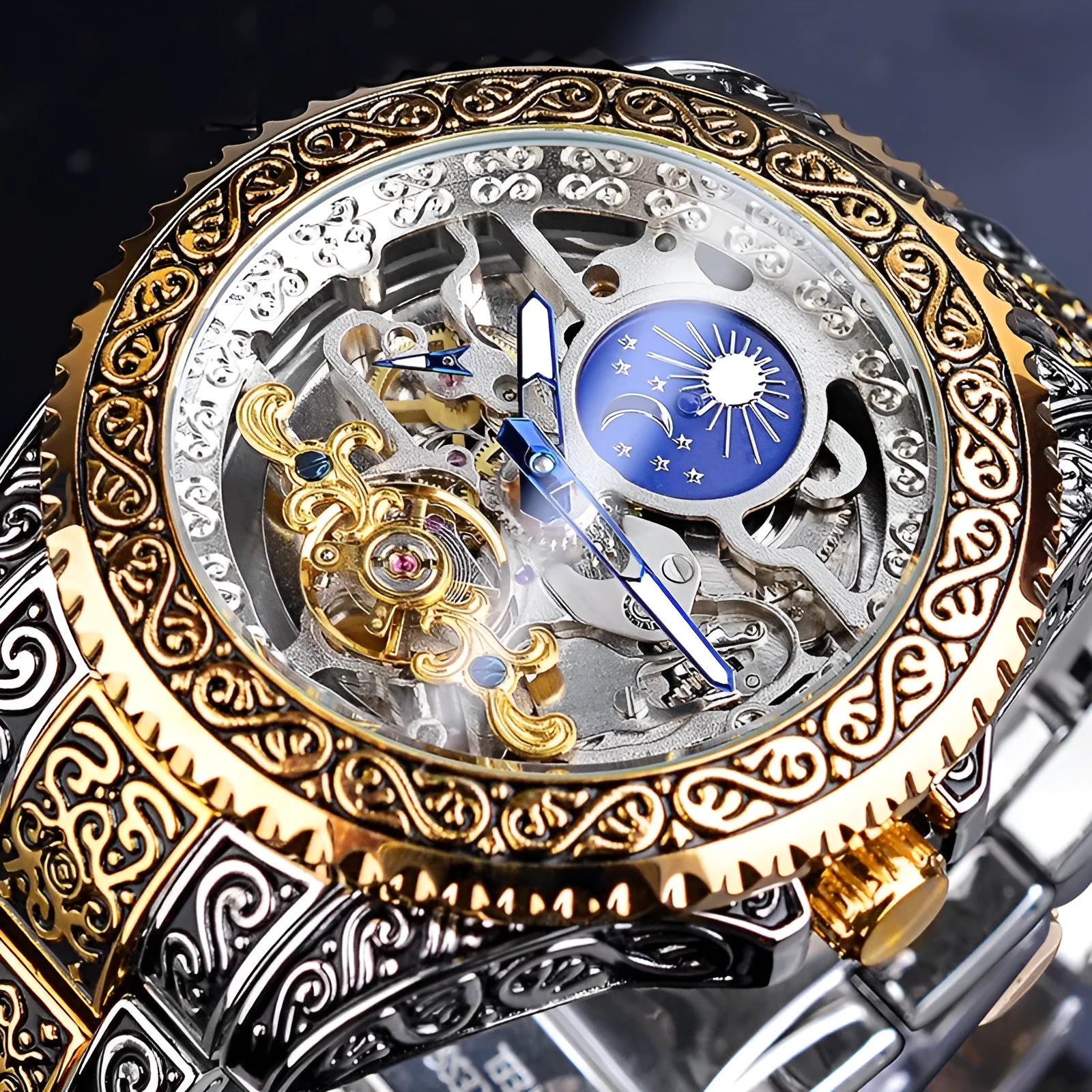 Forsining yellow skeleton tourbillon mechanical watch with 44mm stainless steel case
