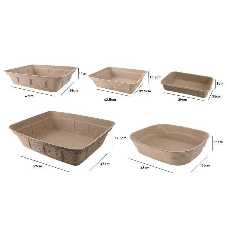 Brown disposable waterproof cat litter box in three different sizes on a white background.
