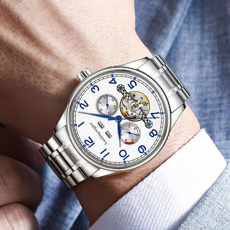 Men's stainless steel mechanical business watch with sapphire crystal and leather strap on wrist