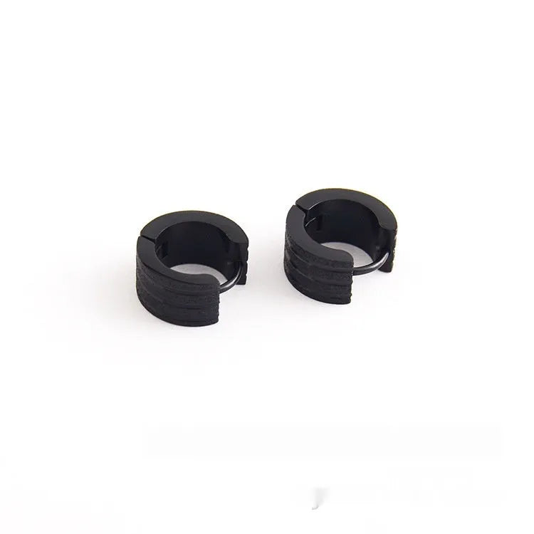 Korean style geometric earrings with frosted finish in titanium steel, showing three-line design