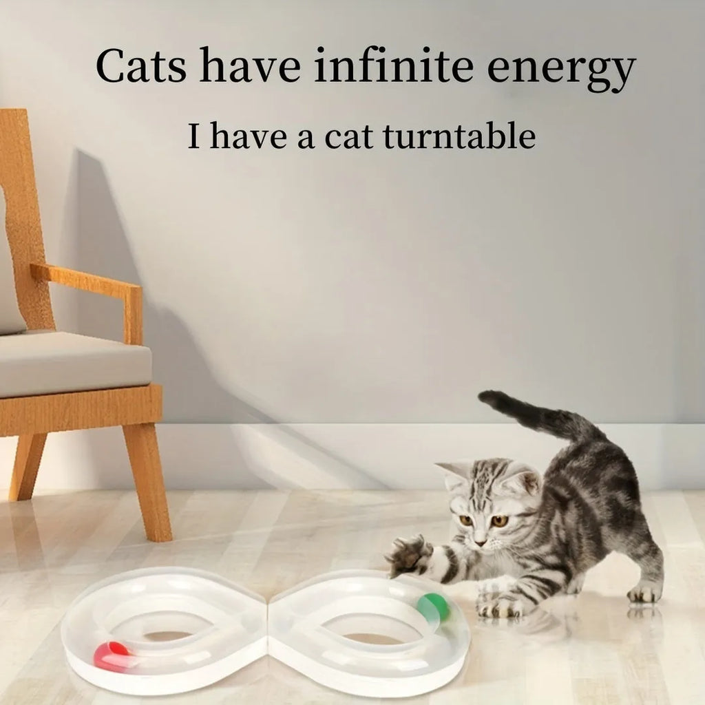 Blue and white cat activity centre with spinning track, ball, and teaser stick