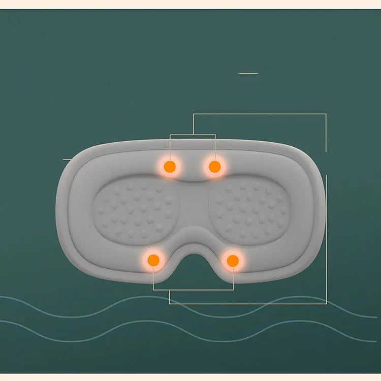 Pink and green portable eye massage goggles with USB cable on a grey background.