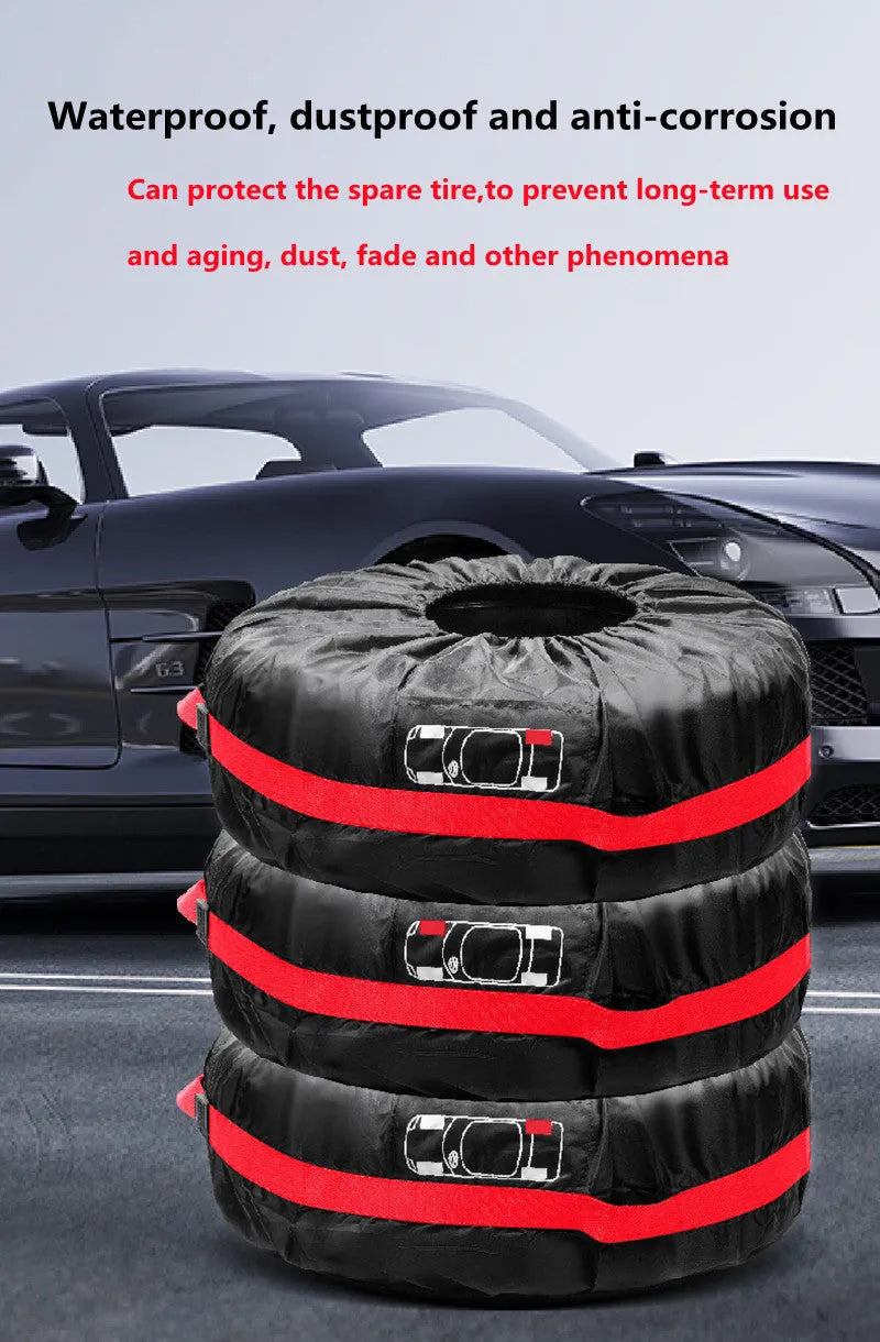 Four oxford cloth car tyre protective covers showing black belt style and red belt style options