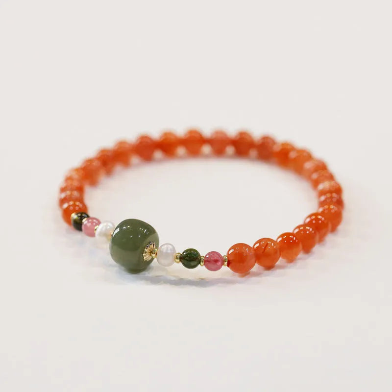 Natural cherry red Southern red agate bracelet with round beads and retro ethnic design for women