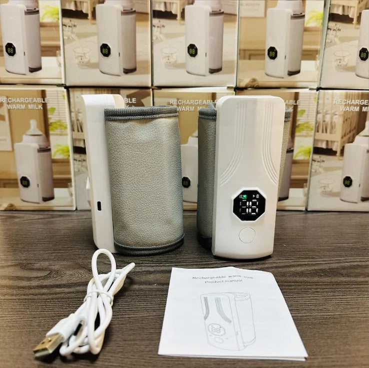 Grey and white car charger electric milk warmer with ABS polypropylene body and pu leather cover.