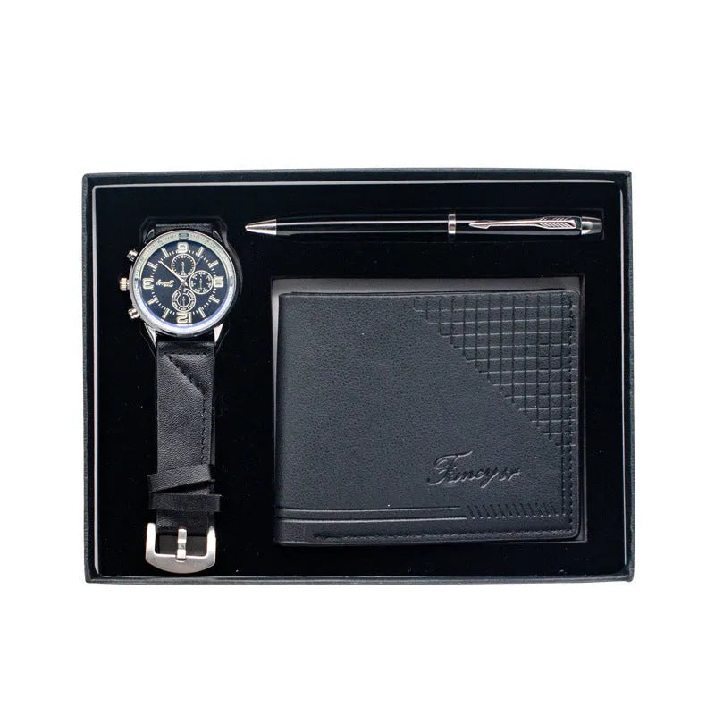 Creative holiday gift set showing wallet, pen, and watch in a brown and black modern gift box.