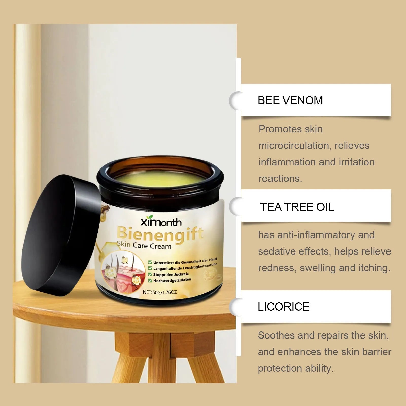 50g bee venom herbal blend moisturising body and neck cream jar.