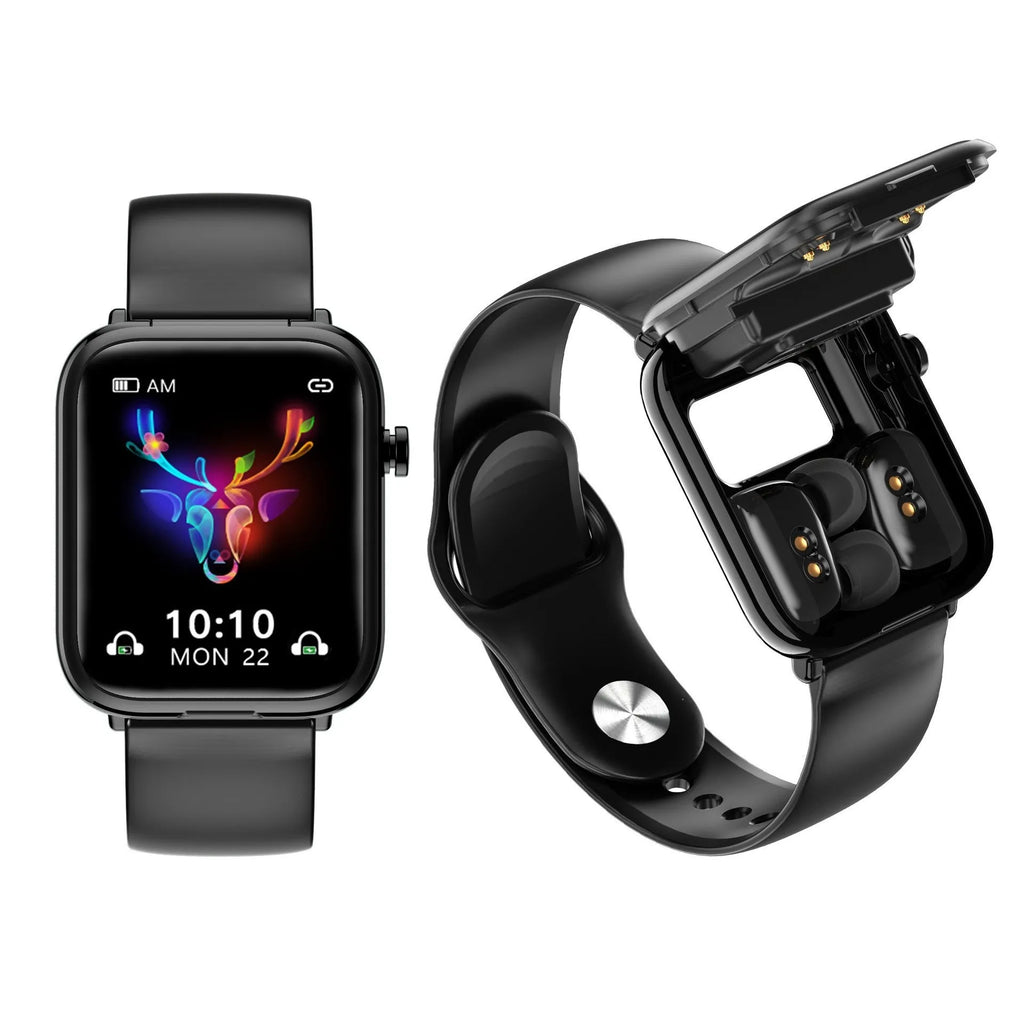Black smartwatch with touchscreen paired with wireless earbuds on a charging cable.