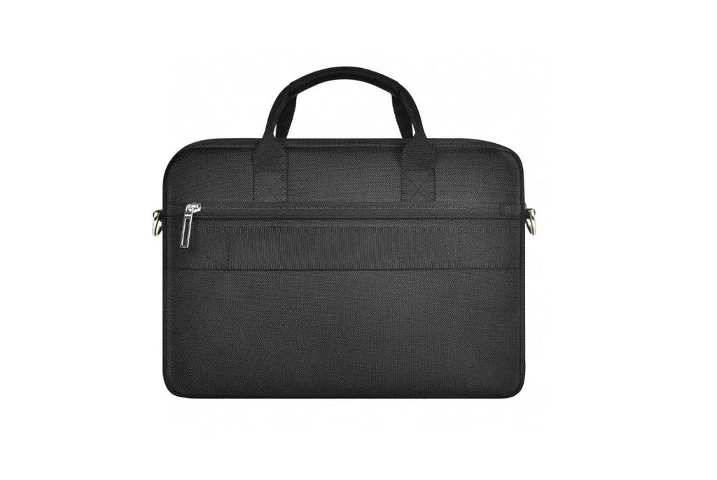Black Oxford cloth multi-pocket laptop handbag open to show separate organiser layers and laptop compartment.