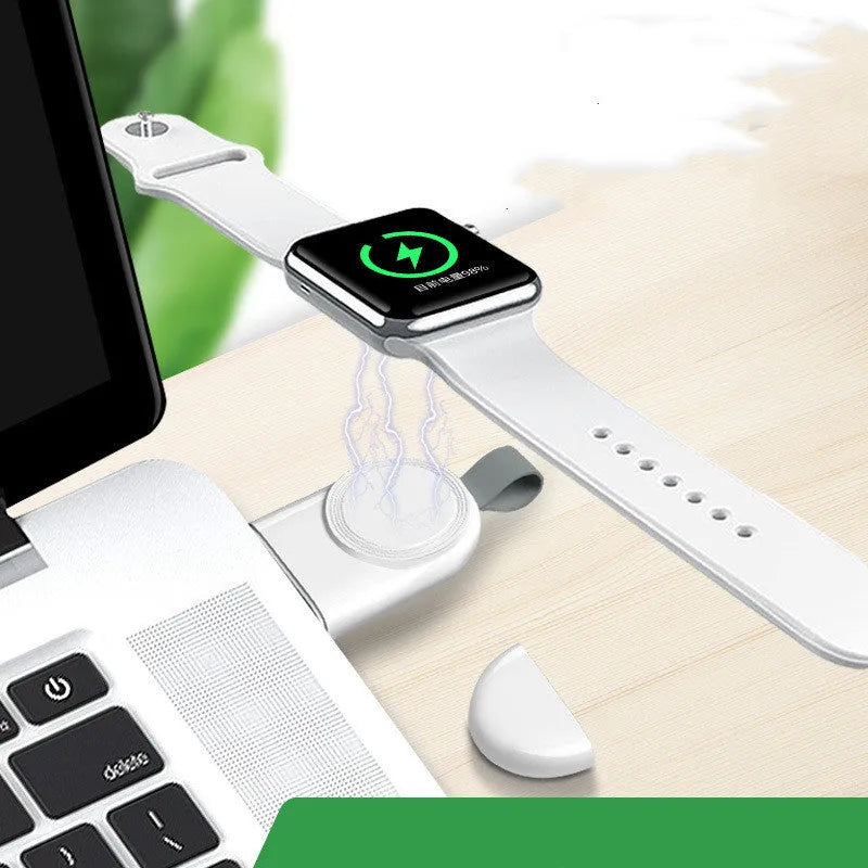 Portable white Apple Watch wireless charging dock with USB cable