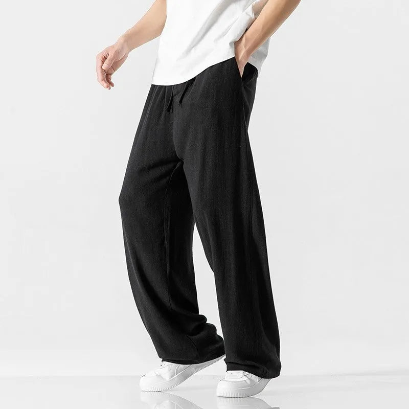 Men's loose straight-leg linen trousers in bamboo fibre fabric with drawstring waist