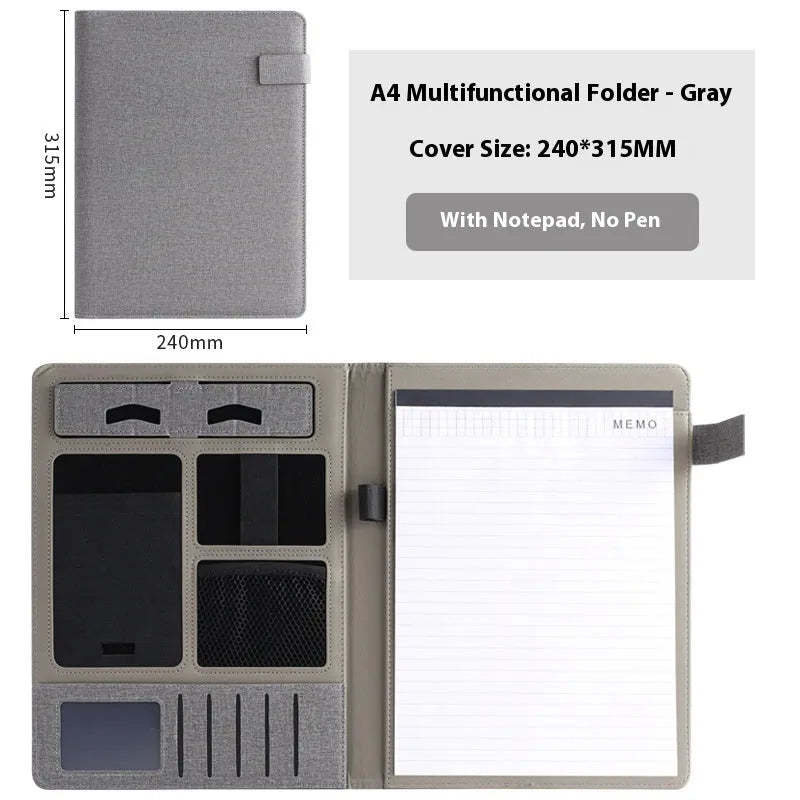 Black leather A4 folder open to show notepad and pen slot, measuring 325mm by 250mm.