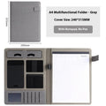 Black leather A4 folder open to show notepad and pen slot, measuring 325mm by 250mm.