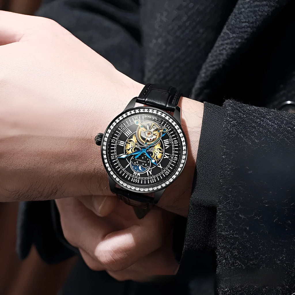 Men's stainless steel waterproof mechanical watch with a round dial and butterfly clasp on a coloured strap.