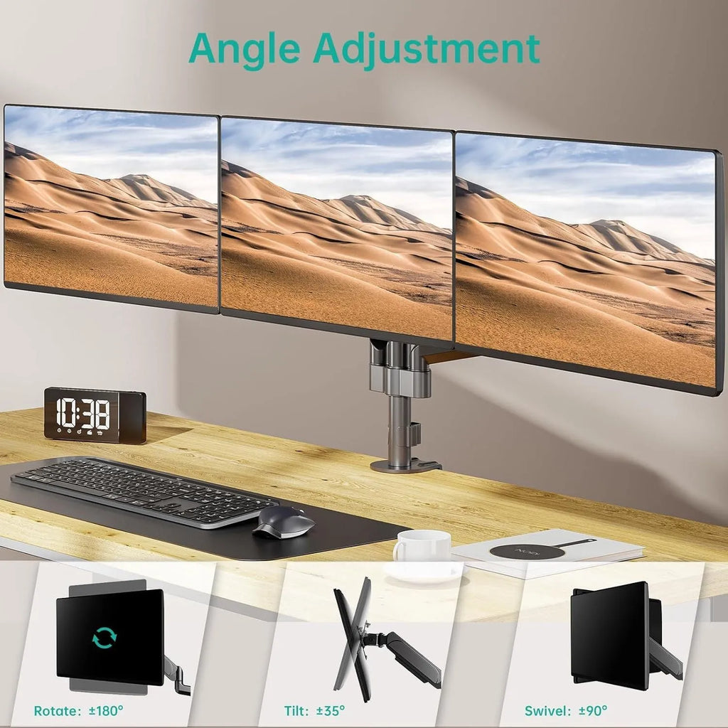 Black three-arm gas spring computer monitor mounting arm for 27-inch screens