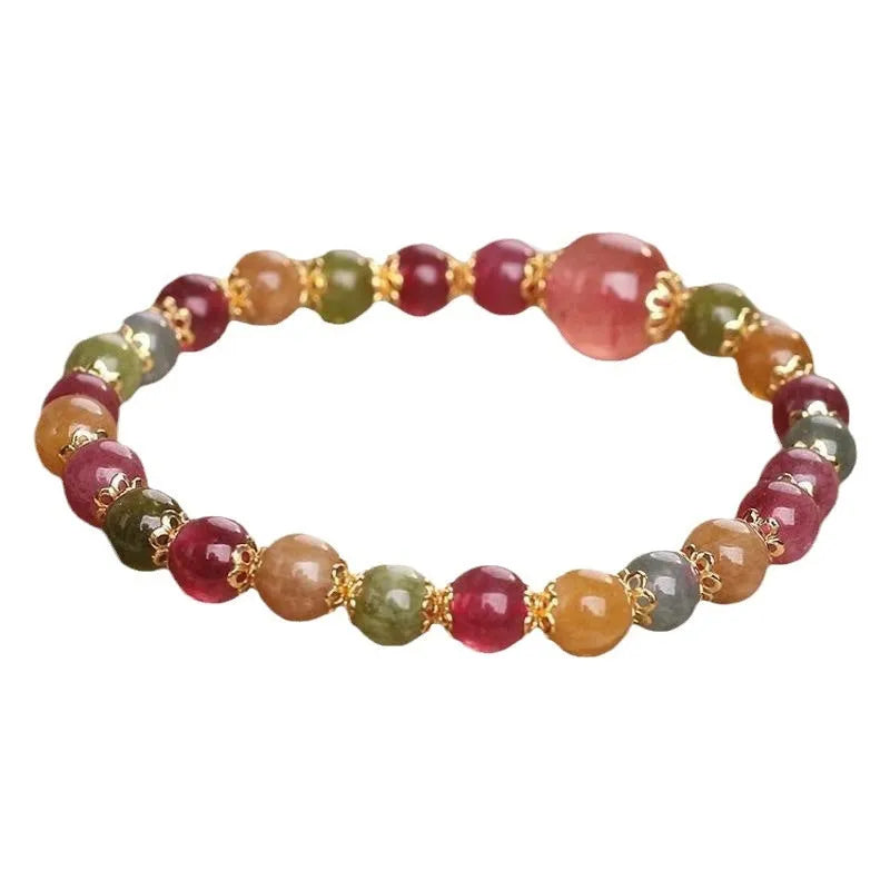 Handmade tourmaline strawberry quartz bracelet with 10mm round lucky beads for gifting occasions