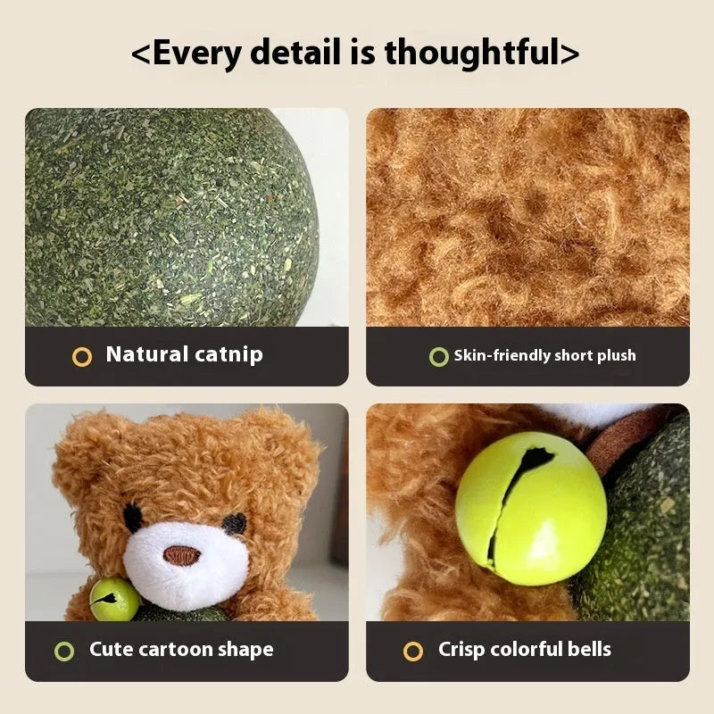 Brown bear plush cat toy with a bell and a mint ball for chewing, measuring 15cm tall.