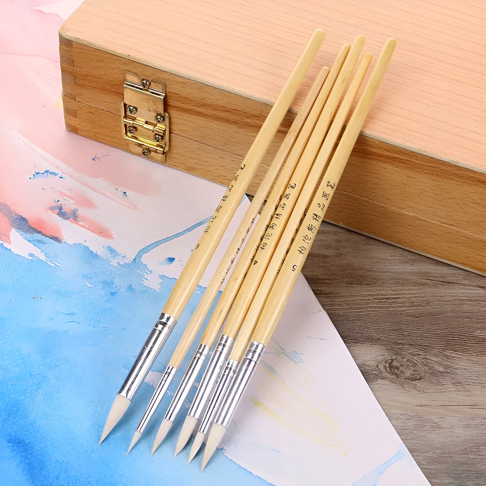 Six wooden hook line pen brushes with pointed tips for calligraphy and detailed artwork