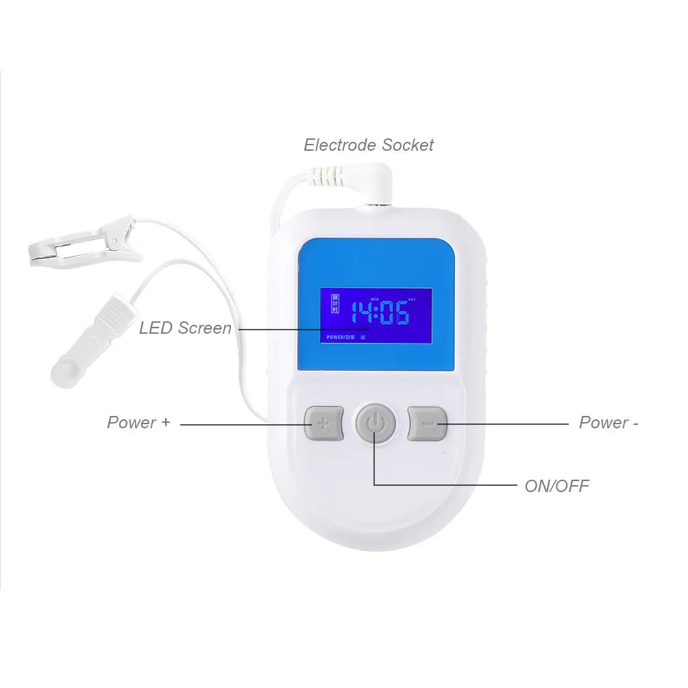 White HSM04 low frequency pulse therapy instrument measuring 180mm x 115mm x 70mm with USB power connection