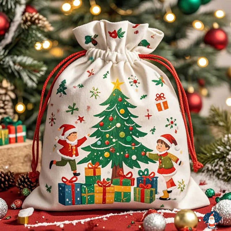 Extra-large Christmas gift bag in red canvas with Santa Claus string closure, 48cm by 65cm