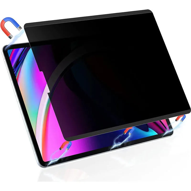 Magnetic iPad anti peeping film and storage clip shown next to an iPad