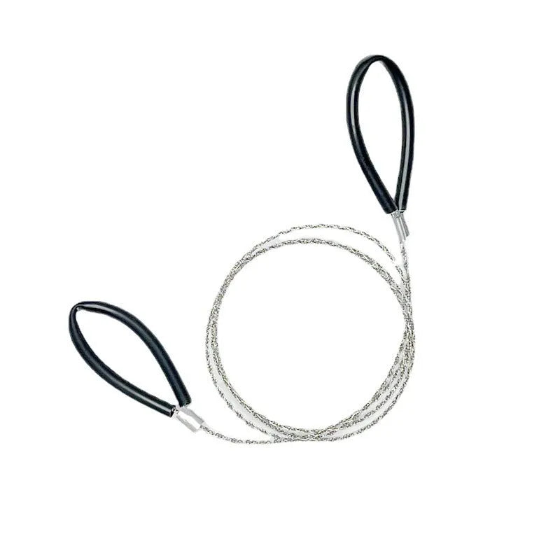 Black and red coloured outdoor survival hand saw with stainless steel cutting wire, shown at full 70 cm length.