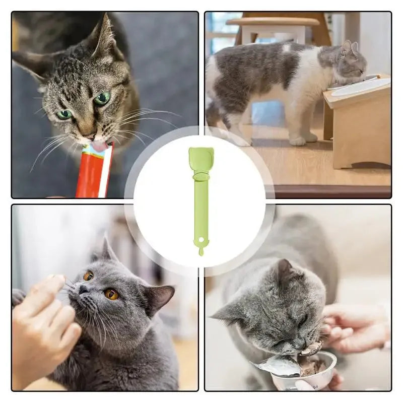 Cat Treat Spoon in green, orange, and white, measuring 27 x 6.5 cm, designed for scooping and serving cat strips