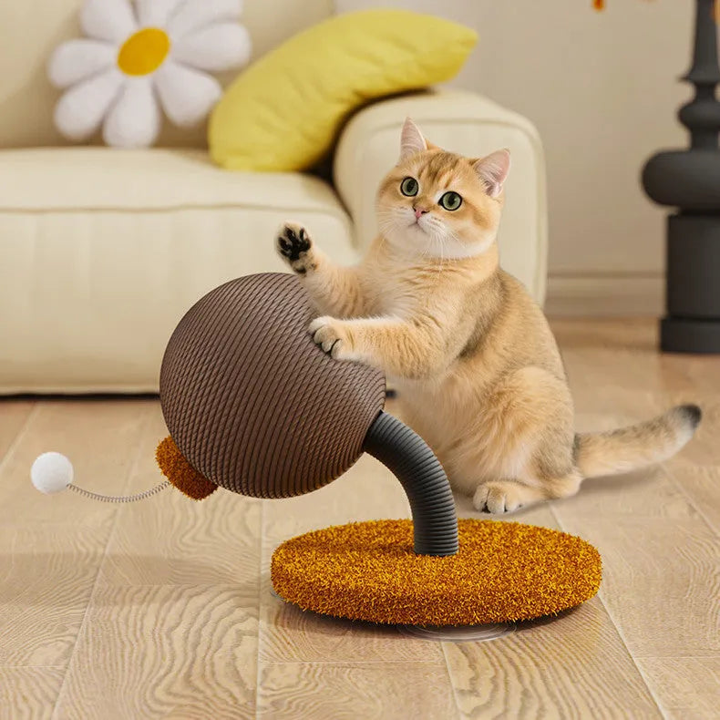 Cat scratch board with hemp rope surface shown with a cat grasping ball accessory