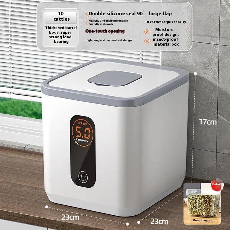 Grey sealed plastic rice storage jar with lid and measuring cup in 10kg, 20kg, and 30kg size options.