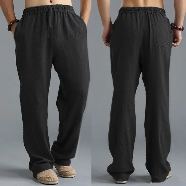 Men's linen loose casual sports pants in khaki, side view, on a hanger