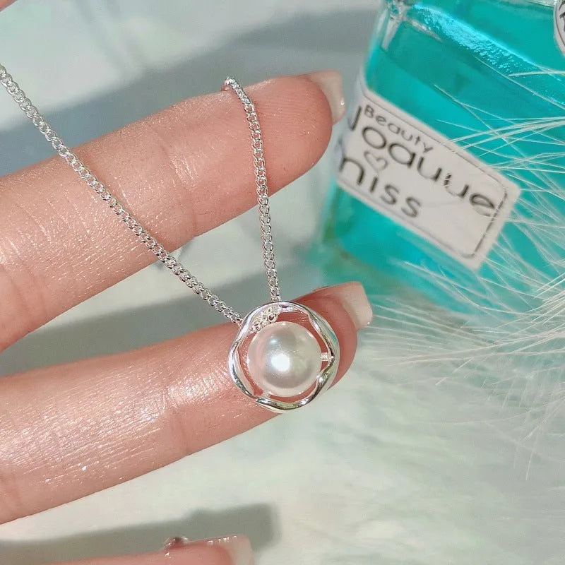 Women's rose pearl geometric circle ring line necklace with cross chain and copper electroplated finish