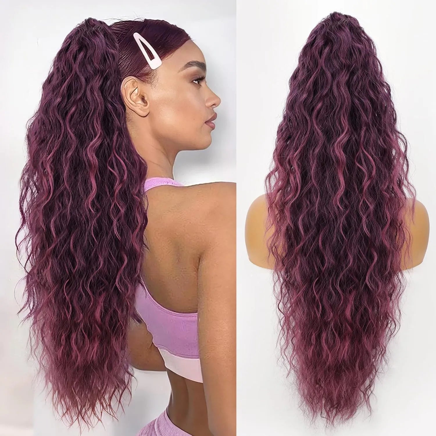 Long curly synthetic ponytail wig in high temperature fibre, 30 inches in length.