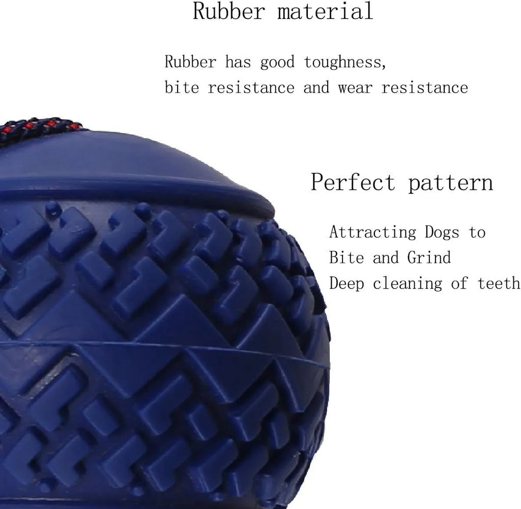 Blue and red natural rubber dog ball with rope handle toy for medium and small dogs