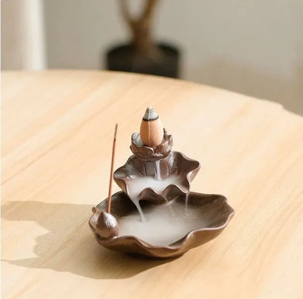 Ceramic reverse flow incense burner with purple clay construction and Ge kiln process