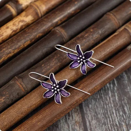 Women's purple flower-shaped earrings with alloy metal and electroplated finish