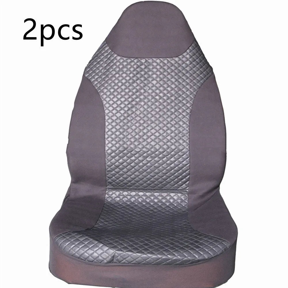Black quilted automotive seat cover made of PU and polyester fabric, shown with plastic attachment hooks.