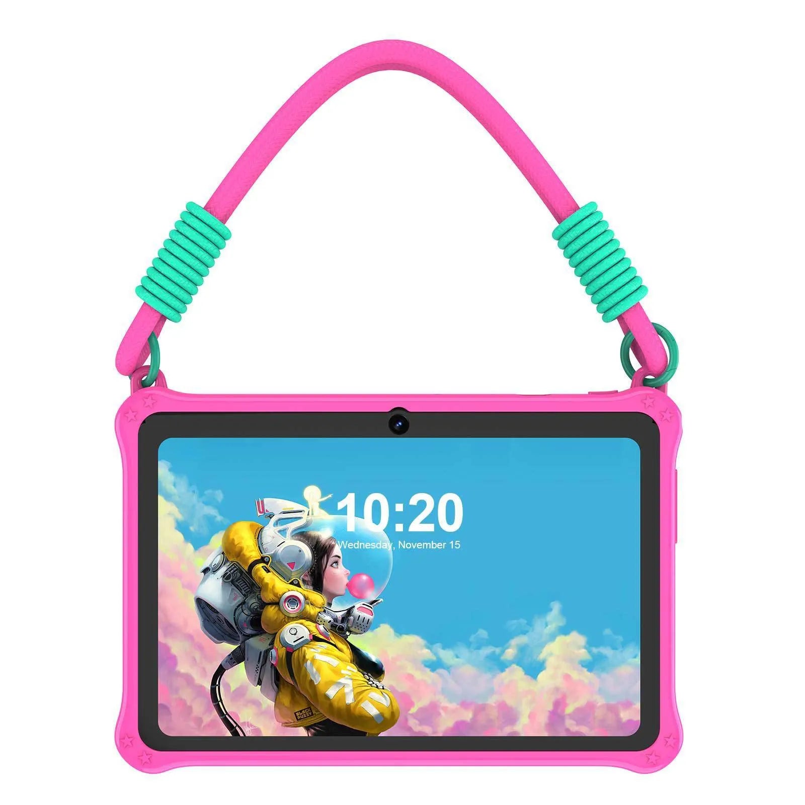 7-inch children's silicone tablet case with flat strap in sapphire blue and dark pink colours