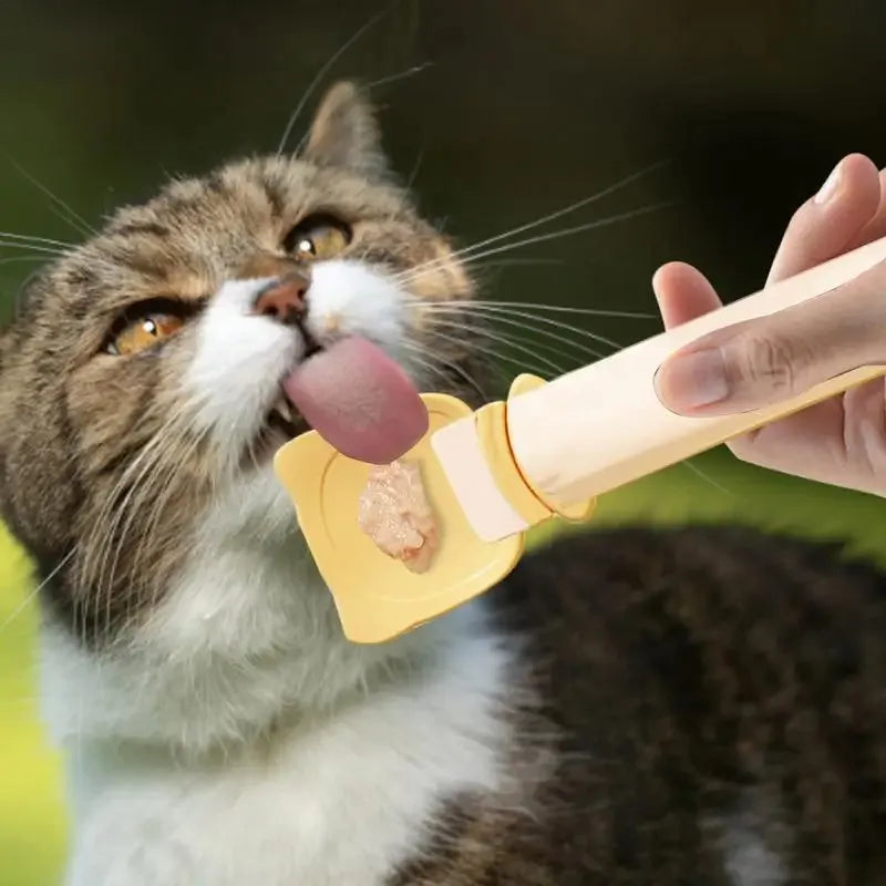 Cat Treat Spoon in green, orange, and white, measuring 27 x 6.5 cm, designed for scooping and serving cat strips